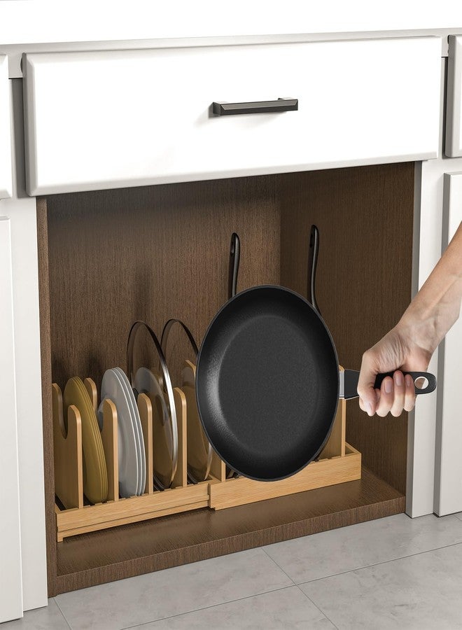 FoverOne Expandable Pot Lid Organizer, Bamboo Pot and Pan Organizer for Under Cabinet, 16" to 28" Adjustable Length and 10 Dividers - Image 5